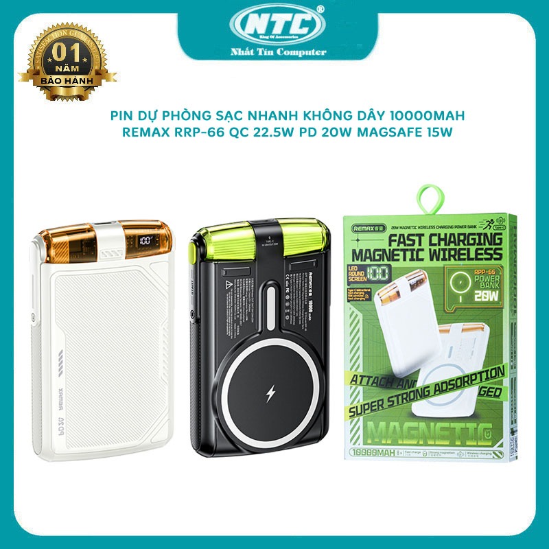 Sạc dự phòng không dây 10000mAh Remax RPP-66 thiết kế trong suốt - sạc nhanh wireless 15W / QC 22.5W / PD 20W (2 màu)