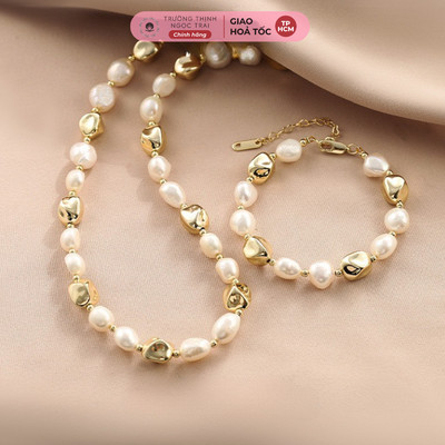 Bộ Trang Sức Ngọc Trai Mix Charm Đậu Titan Mạ Vàng Gồm Dây Chuyền Và Vòng Tay - Ngọc Trai Trường Thịnh