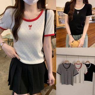 Áo len montogi cộc tay in nơ phối viền form babytee Quảng Châu Lumii