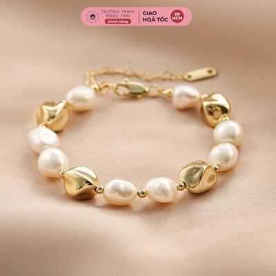 Vòng Tay Ngọc Trai 9Ly Mix Charm Đậu Titan Mạ Vàng Sang Trọng - Ngọc Trai Trường Thịnh