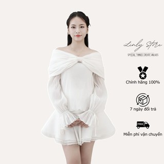 Set áo trễ vai kiểu nữ chất tơ vân phối dây nơ, chân váy xoè Linly Store