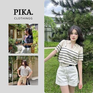 Áo len nữ montoghi kẻ ngang thêu ngựa muối tiêu, áo len cộc tay cổ V polo PIKA.CLOTHINGG