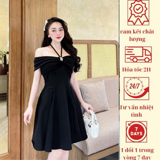 Váy Thiết Kế Cao Cấp Trễ Vai Cài Mặt Kim Loại Chất Liệu Tuyết hàn Phù Hợp Các Nàng Đi Chơi, Đi Tiệc - THE HANA
