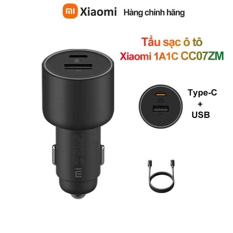 Tẩu sạc nhanh ô tô Xiaomi 1A1C USB + Type C 100w Max pd,với cáp 5A Type-C cho iphone Redmi Samsung