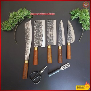 Bộ dao bếp thép nhíp ô tô cán cẩm chỉ khâu đồng - Dụng cụ nhà bếp