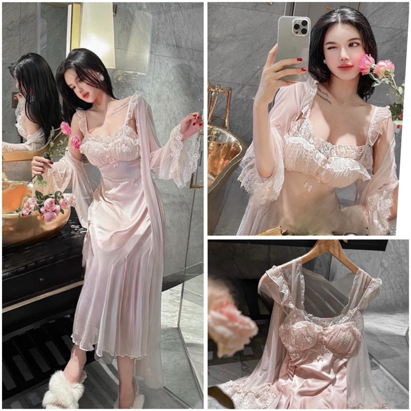Hàng sẵn ❤️Váy ngủ kèm choàng tiểu thư dáng dài lụa phối voan hồng tag lyly cao cấp Quảng Châu