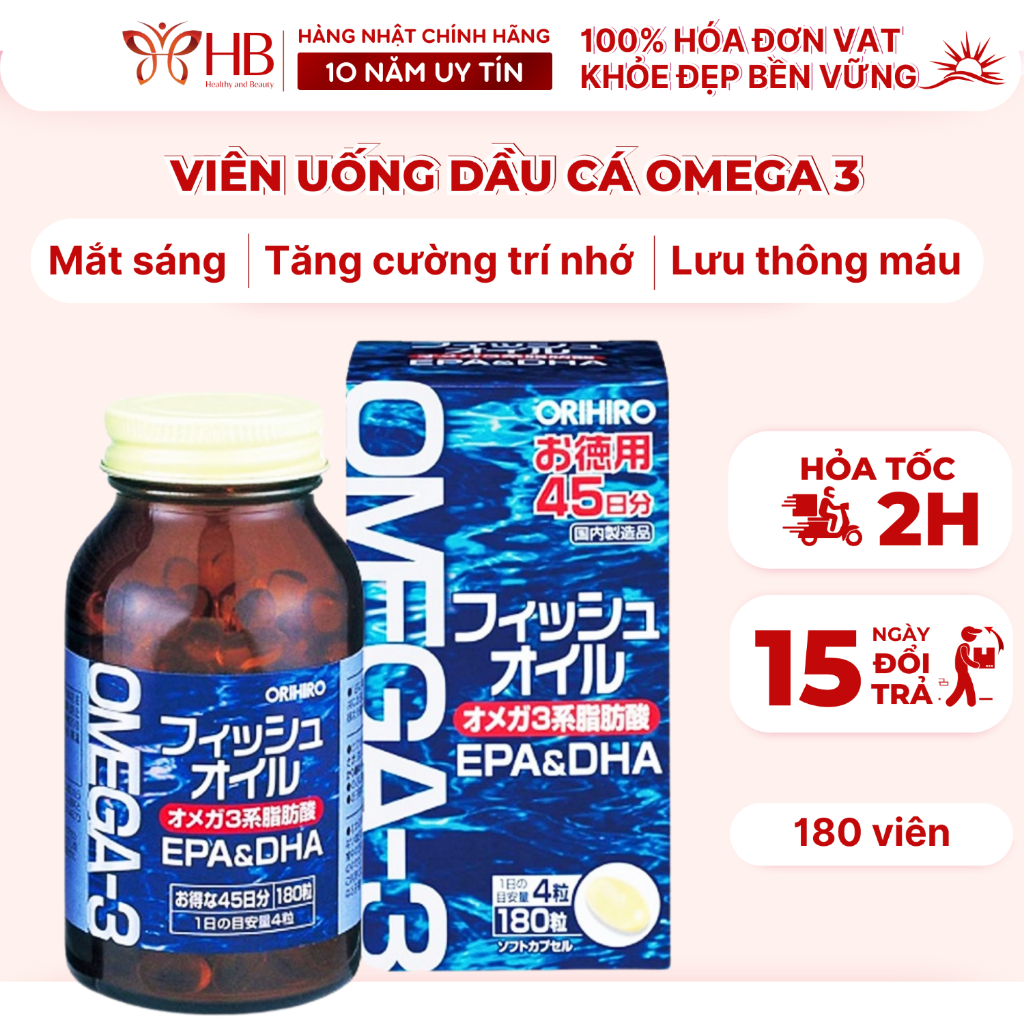 Viên uống dầu cá Omega 3, bổ mắt, bổ não, EPA & DHA Orihiro Nhật Bản 180 viên, Mỹ Phẩm HB