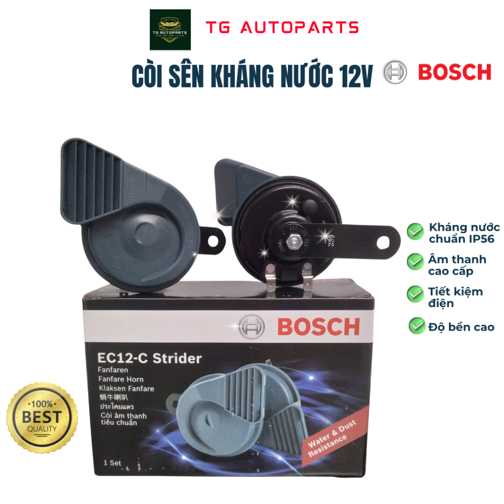 Bộ còi sên chống nước dành cho xe ô tô Bosch 12V EC12C chính hãng (1 trầm - 1 cao), âm thanh mạnh mẽ, sang trọng