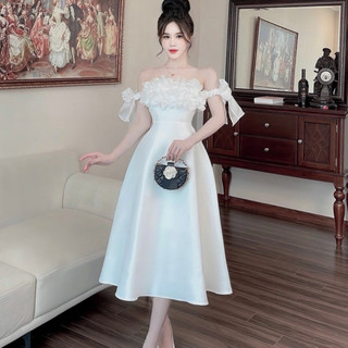 Váy tapta rớt vai phối nơ