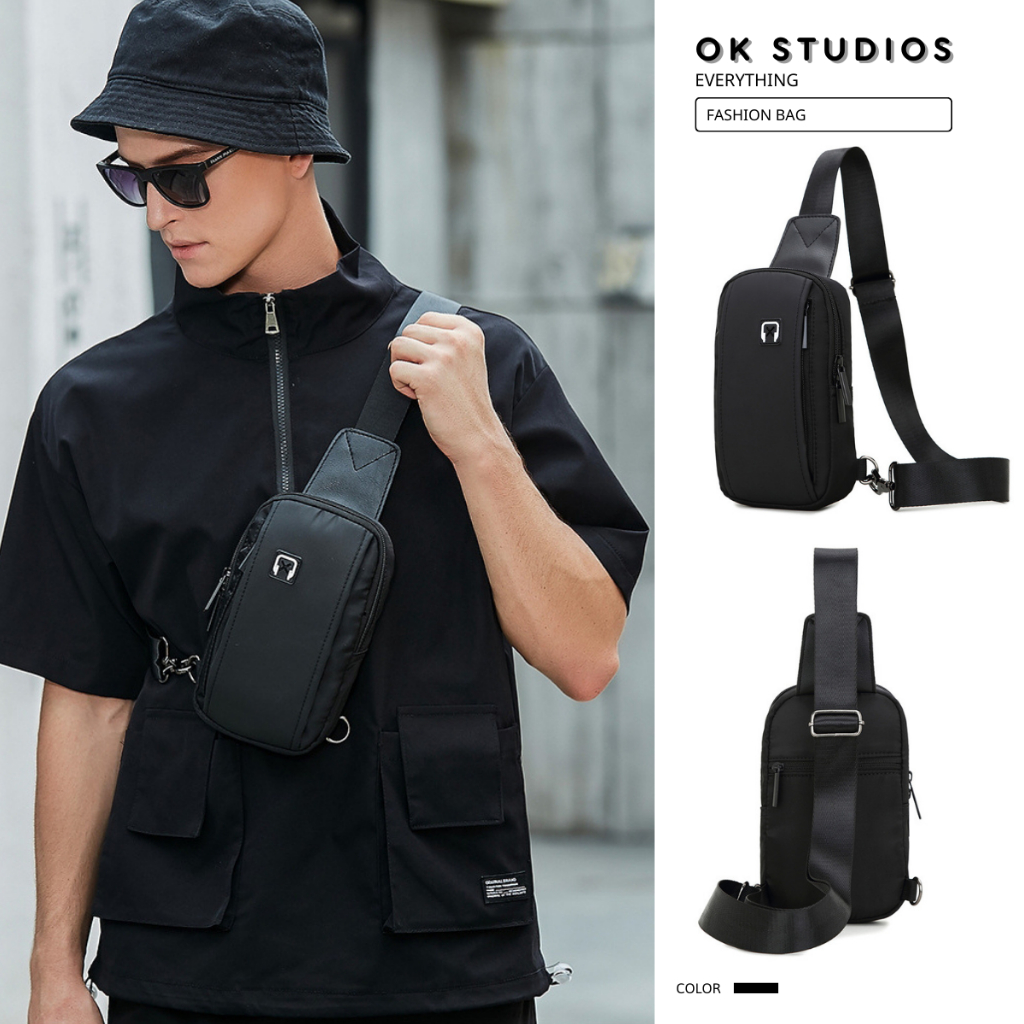 Túi đeo chéo nam, túi bao tử nam nhiều ngăn có lỗ luôn dây sạc tai nghe tiện lợi vải oxford chống nước thời trang OK054