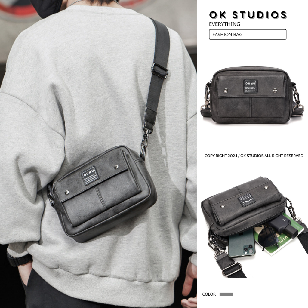 Túi đeo chéo nam OUMU Streetwear da pu cao cấp dày dặn màu xám đẹp thời trang nhiều ngăn đa năng OK041