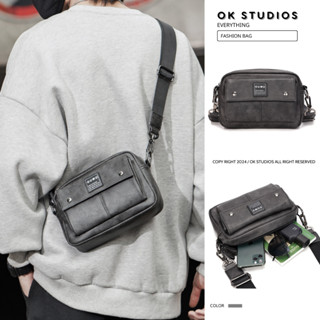 Túi đeo chéo nam OUMU Streetwear da pu cao cấp dày dặn màu xám đẹp thời trang nhiều ngăn đa năng OK041