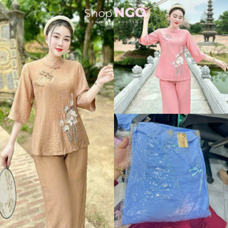 Set đồ lam đi chùa, pháp phục đi chùa, set bộ bà ba nút tàu tay lỡ chất đũi vân mây thêu hoa sen mix quần dáng dài