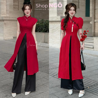  Set áo dài cách tân cổ tàu chất tuyết nhung thiết kế cao cấp xẻ dài tà phối+ KÈM QUẦN SUÔNG đen  thời trang xu hướng mới 