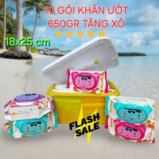 Thùng 10 gói khăn ướt gấu 650gr MoonMy nhiều màu sắc gói to,khổ 18x25 vải bi dày dặn,khăn ướt không mùi