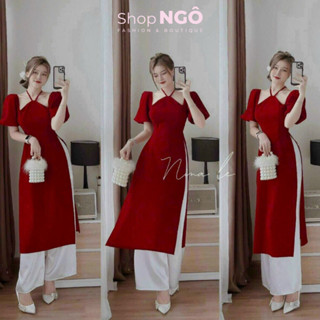 Set bộ áo dài đỏ cách tân cổ yếm và quần dài ống suông rộng phi lụa mặc Tết siêu sang - SHOPNGÔ FASHION