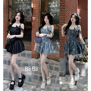 Váy hai dây đính nơ chân xếp li loang bò mã ht822