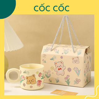 Cốc ly sứ Bear Flower kèm nắp, túi quà Cốc Cốc dùng làm quà tặng, uống nước, trà, cà phê