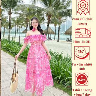 Váy Maxi Voan Mềm 2 Lớp Thiết Kế Trễ Vai Phù Hợp Đi Chơi, Đi Biển - THE HANA