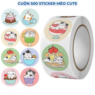Cuộn 500 sticker mèo dễ thương tem thankyou niêm phong hình mèo ngọt ngào tem gói hàng