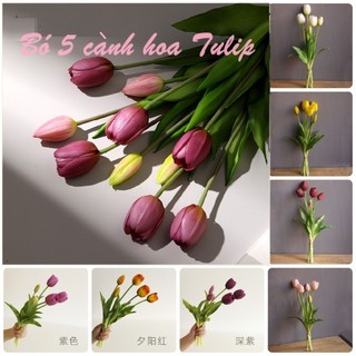 Hoa lụa-Hoa giả cao cấp-Bó 5 hoa tulip 3D silicon PU giống thật nhiều màu-Trang trí decor-chụp hình