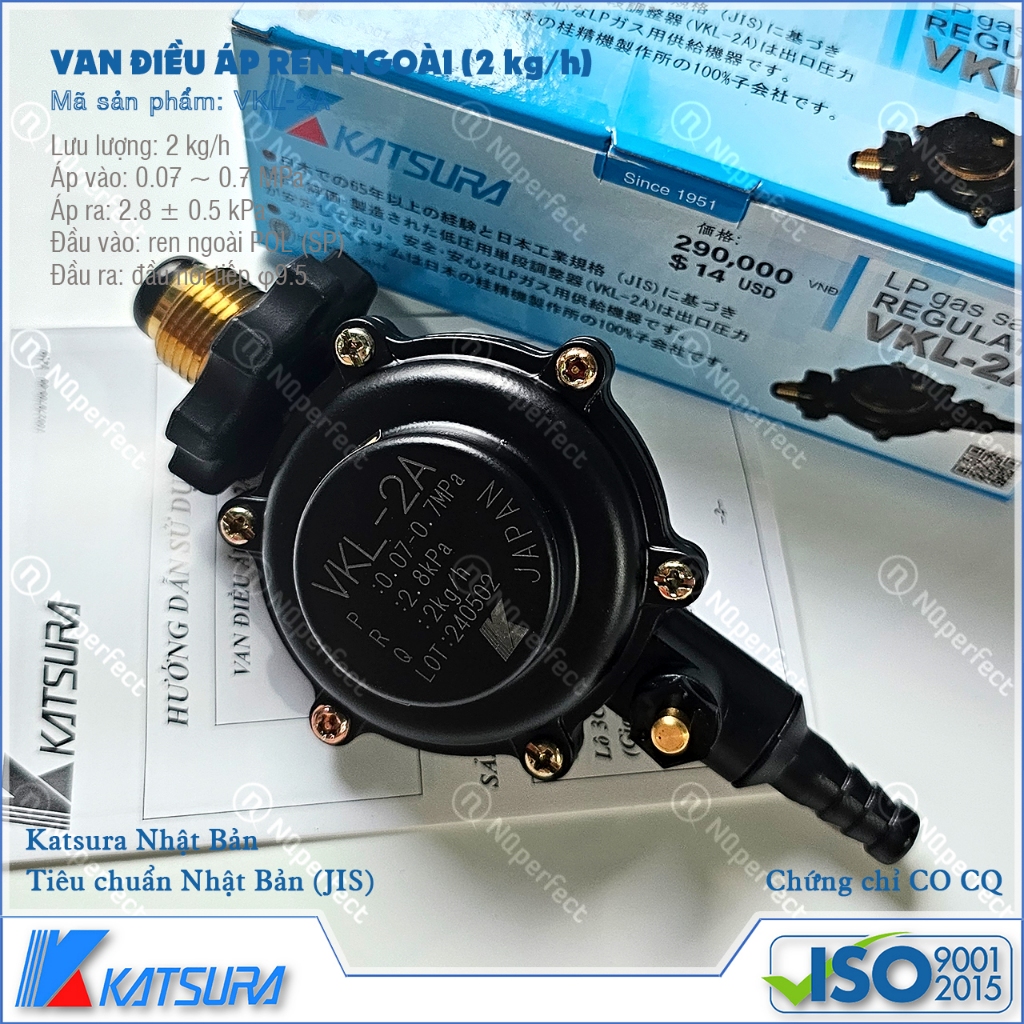 Van điều áp LP gas safely regulator ren ngoài/trong Katsura VKL-2A, VKLF-2 Japan 2kg/h (Bảo hành 2 n