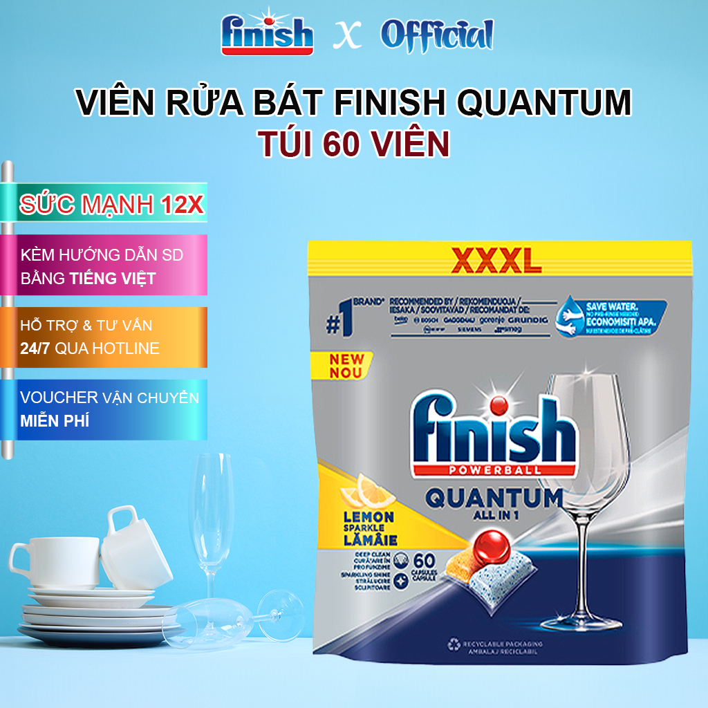 Viên Rửa Chén Bát Finish Quantum Max 14 tính năng Túi 47 Viên/ 44 Viên Rửa Sạch Hiệu Quả Thơm Mát