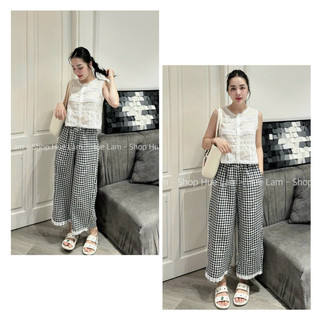 Quần lửng ống suông phối ren gấu kẻ caro đen - trắng mát mẻ - quần nữ dáng suông lửng phối chân ren caro