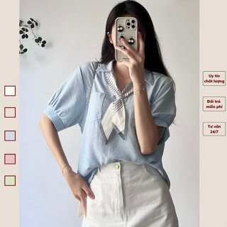 Áo sơ mi nữ công sở kèm khăn chất đũi lụa mềm mát bảng màu pastel  247STORE SMkemkhan2367_P8K1