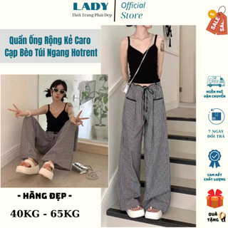 Quần Ống Rộng Kẻ CaRo Quần Ống Suông Túi Ngang Mấu Mới Thiết Kế Cạp Bèo Viền Thời Trang Hotrent LADY