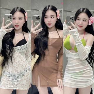 Set bikini sexy phối đầm tay dài xuyên thấu rút dây hông