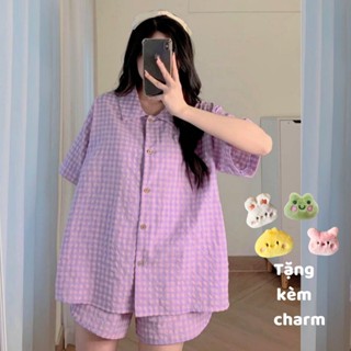 Bộ đồ ngủ kẻ caro quần ngắn áo ngắn nhiều màu chất đũi nhăn