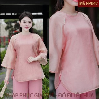 Mã PP047 Hồng_Pháp Phục Đi Chùa Cho Nữ, Mã Đũi Tơ Trơn Tay Ráp Lăng, Áo Vải Tằm Sợi Tơ, Lót habutai, Quần Lụa Vân.