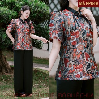 Mã PP049 Đen_Pháp Phục Thanh Lịch Đi Chùa Cho Nữ, Mã Gấm Dệt Khuy Tết, Chất Liệu Áo Gấm Dệt Mềm Mại, Quần Lụa Vân.