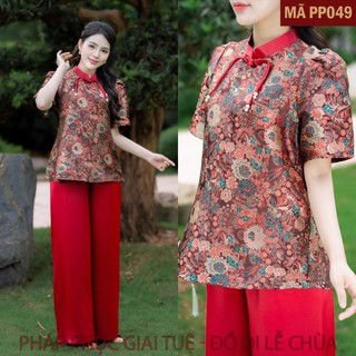 Mã PP049 Đỏ_Pháp Phục Thanh Lịch Đi Chùa Cho Nữ, Mã Gấm Dệt Khuy Tết, Chất Liệu Áo Gấm Dệt Mềm Mại, Quần Lụa Vân.