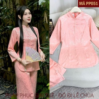 Mã PP051 Hồng_Pháp Phục Thanh Lịch Đi Chùa Cho Nữ, Mã Lót Hầu, Chất Liệu Áo Quần Lụa Gấm Hoa Nhí Cao Cấp, Áo Dài Tay.