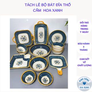 Tách lẻ bộ bát đĩa thổ cẩm hoa xanh nhật bản men sáng mịn hàng đẹp