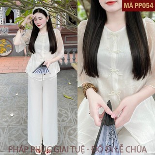 Mã PP054 Trắng_Pháp Phục Đi Chùa Cho Nữ Màu Trắng Voan Khuy Nơ, Chất Liệu Áo Voan Ánh Xước, Lót Habutai, Quần Lụa Vân.