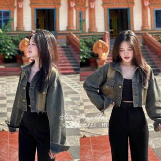 Áo Khoác Jean Nữ Dáng Croptop 2 Túi Trước Rách Tua Line