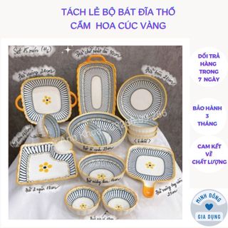 Tách lẻ bộ bát đĩa thổ cẩm hoa cúc vàng nhật bản men sáng mịn hàng đẹp