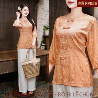 Mã PP056 Be_Pháp Phục Đi Chùa Cho Nữ, Mã Cách Tân Giả Cúc Tay Bo, Chất Liệu Áo Lụa Gấm Hoa Ren Mềm Mại, Quần Lụa Vân.