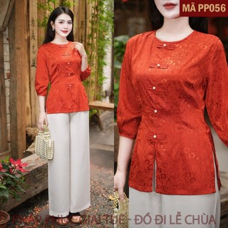 Mã PP056 Cam Đất_Pháp Phục Đi Chùa Cho Nữ, Mã Cách Tân Giả Cúc Tay Bo, Chất Liệu Áo Lụa Gấm Hoa Ren Mềm Mại Quần Lụa Vân