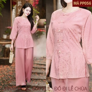 Mã PP056 Hồng Nhạt_Pháp Phục Đi Chùa Cho Nữ, Mã Cách Tân Giả Cúc Tay Bo, Áo Lụa Gấm Hoa Ren Mềm Mại, Quần Lụa Vân.