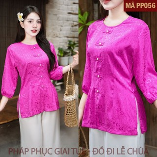 Mã PP056 Hồng Sen_Pháp Phục Đi Chùa Cho Nữ, Mã Cách Tân Giả Cúc Tay Bo, Áo Lụa Gấm Hoa Ren Mềm Mại, Quần Lụa Vân.
