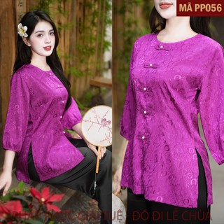 Mã PP056 Tím_Pháp Phục Đi Chùa Cho Nữ, Mã Cách Tân Giả Cúc Tay Bo, Chất Liệu Áo Lụa Gấm Hoa Ren Mềm Mại, Quần Lụa Vân.