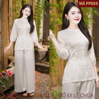 Mã PP056 Trắng_Pháp Phục Đi Chùa Cho Nữ, Mã Cách Tân Giả Cúc Tay Bo, Chất Liệu Áo Lụa Gấm Hoa Ren Mềm Mại, Quần Lụa Vân.