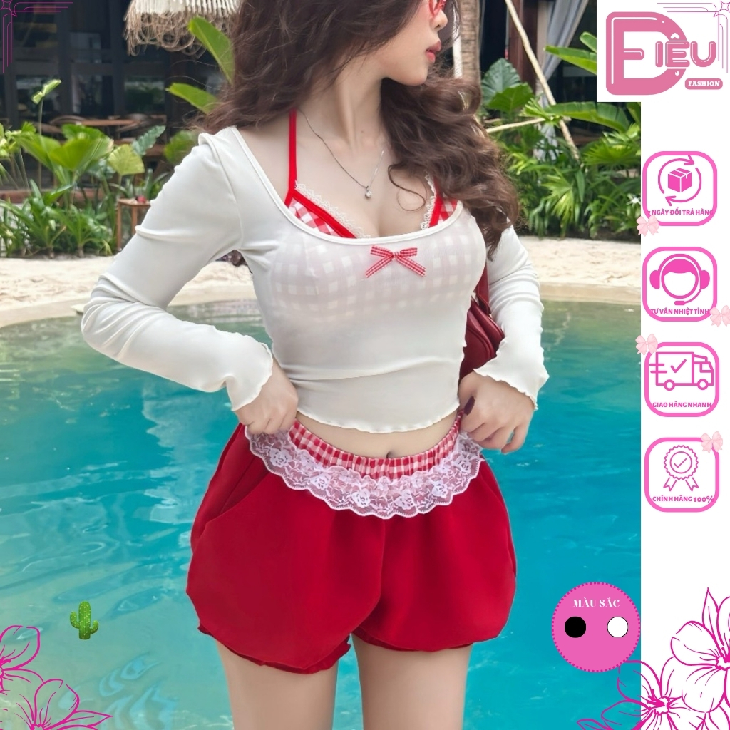 Set áo bra cổ yếm caro (có mút) kèm áo tay dài đính nơ ôm body Điệu Fashion, Set áo nữ tay dài borip
