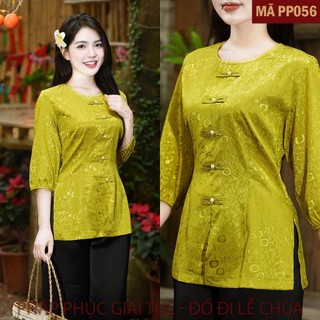 Mã PP056 Xanh Cốm_Pháp Phục Đi Chùa Cho Nữ, Mã Cách Tân Giả Cúc Tay Bo, Áo Lụa Gấm Hoa Ren Mềm Mại, Quần Lụa Vân.