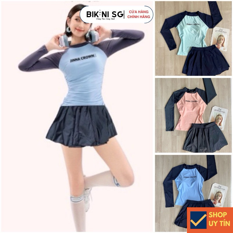 Đồ bơi nữ kín đáo chống UV Bikini SG Áo bơi tay dài phối váy bơi xoè chống nắng in chữ cao cấp