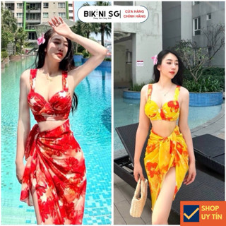 Bikini 2 mảnh kèm khăn mẫu mới 2024 Bikini SG Đồ bơi nữ đi biển che khuyết điểm tôn dáng áo bơi nâng ngực quần lưng cao